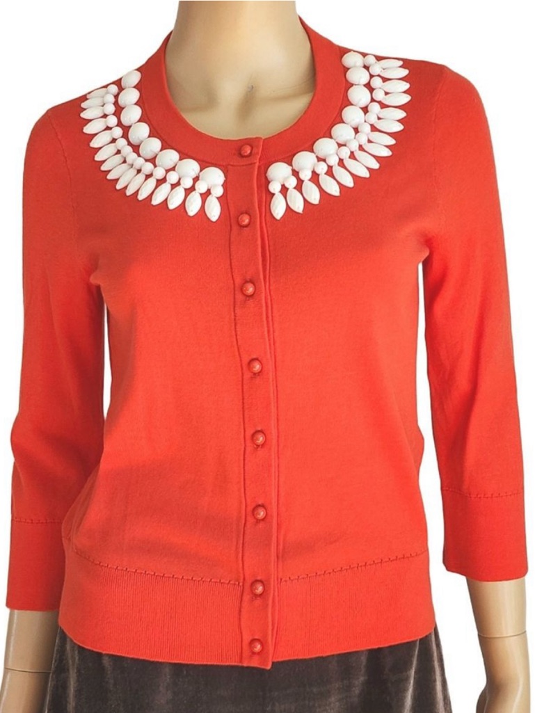 Ln Kate Spade Kati Red Embellished White Beaded Cotton Cropped Cardigan - L